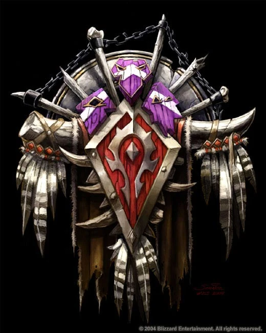 Horde crest with a crimson shield and purple banners